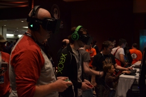 Gamers trying out the Oculus Rift